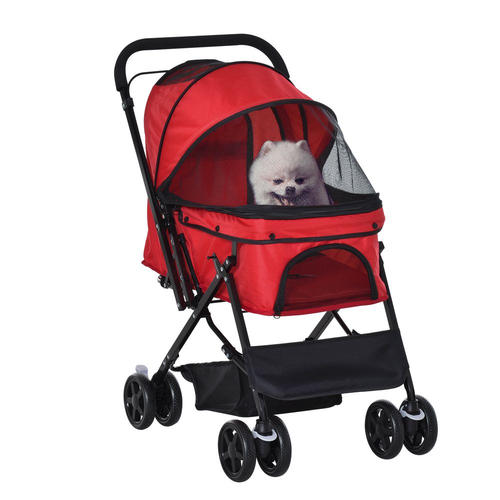 Pet Stroller Foldable Travel Dog Cat Carriage w/ Reversible Handle Brake Basket