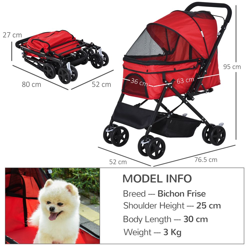 Pet Stroller Foldable Travel Dog Cat Carriage w/ Reversible Handle Brake Basket