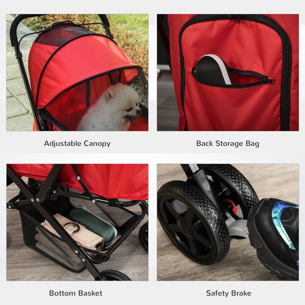 Pet Stroller Foldable Travel Dog Cat Carriage w/ Reversible Handle Brake Basket
