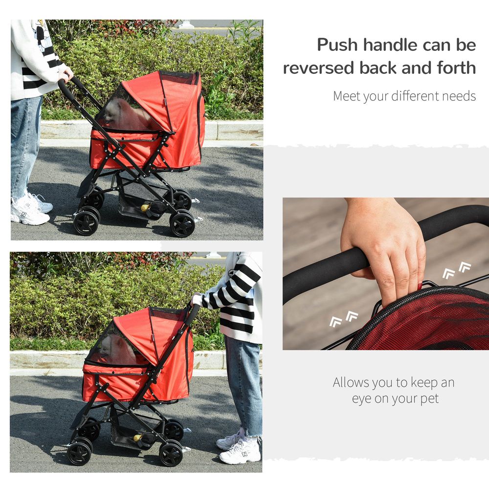 Pet Stroller Foldable Travel Dog Cat Carriage w/ Reversible Handle Brake Basket