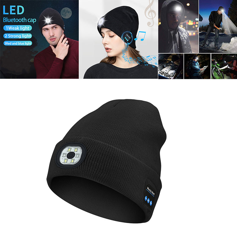 Knitted Beanie Hat with Torch and Bluetooth Headphones