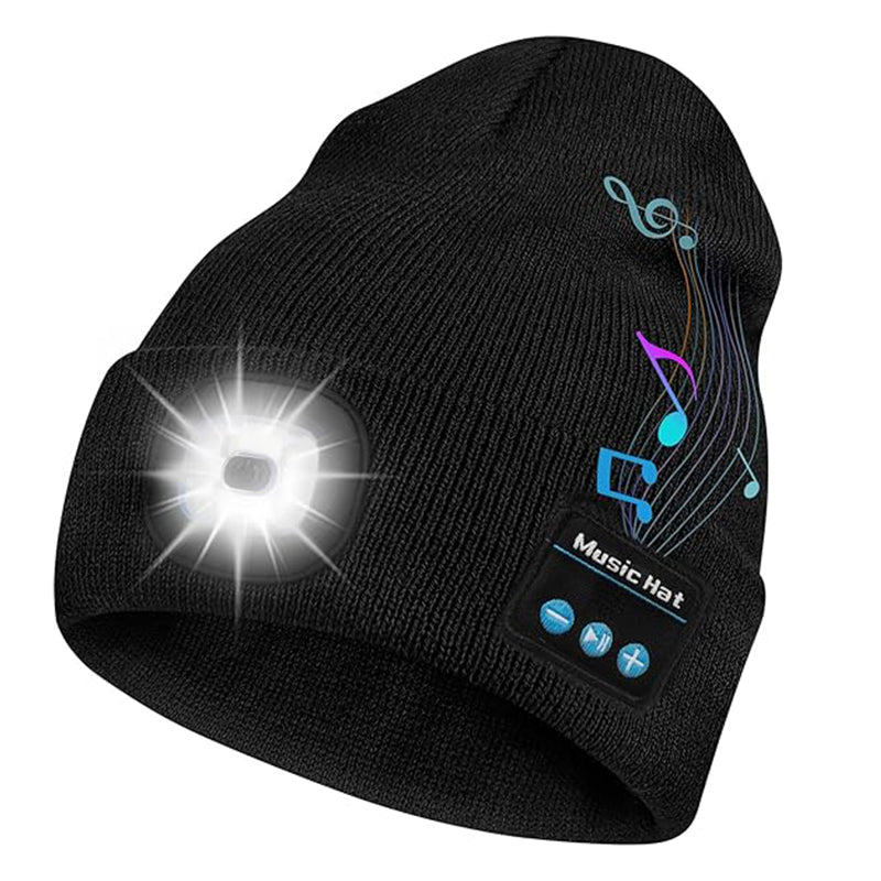 Knitted Beanie Hat with Torch and Bluetooth Headphones