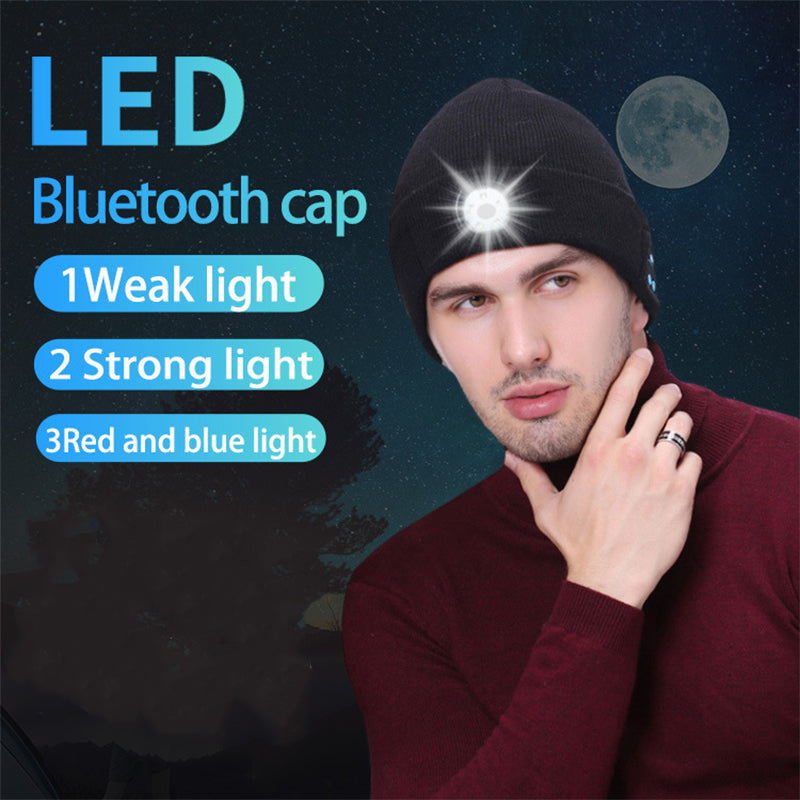 Knitted Beanie Hat with Torch and Bluetooth Headphones