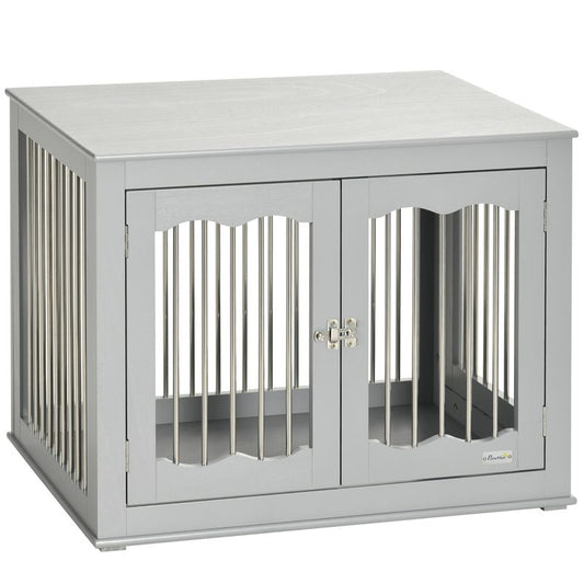 Wood Dog Crate Furniture W/ Three Doors, Locks & Latches, for Medium Dogs