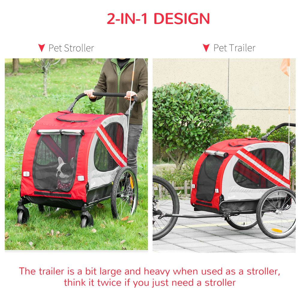 2-In-1 Dog Bike Trailer Stroller w/ Universal Wheel Reflector Flag Red Pawhut