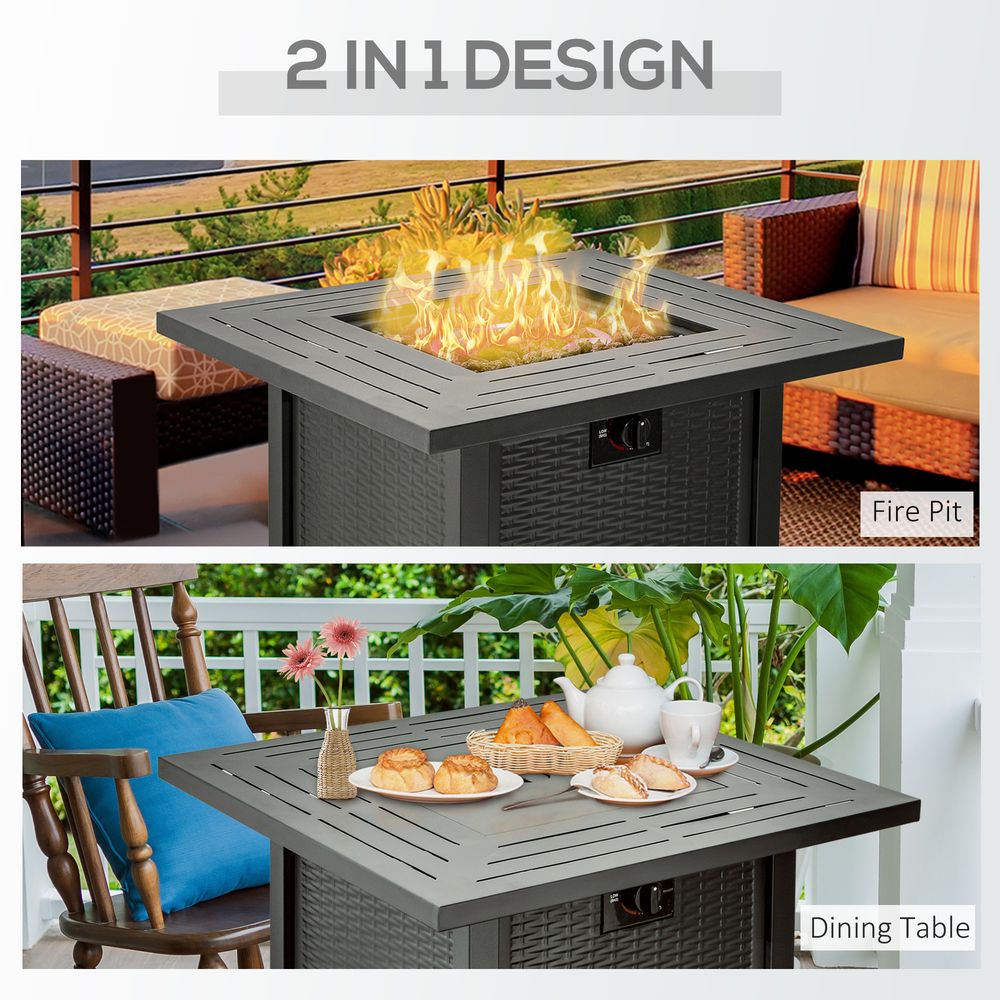 Square Propane Gas Fire Pit Table Rattan Smokeless Patio Heater Lava Rocks & Lid