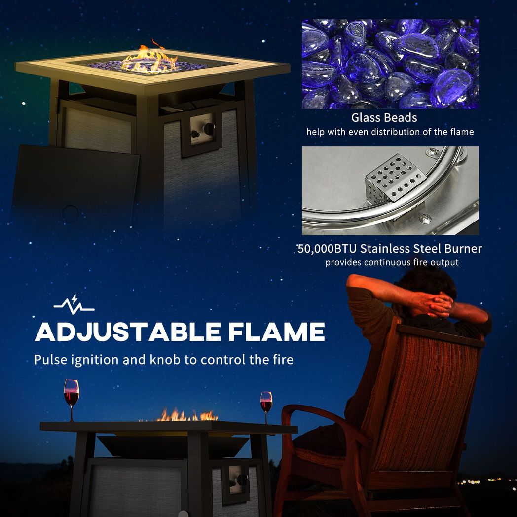 Outsunny Gas Fire Pit Table with 50,000 BTU Burner, Cover, Glass Beads, Grey