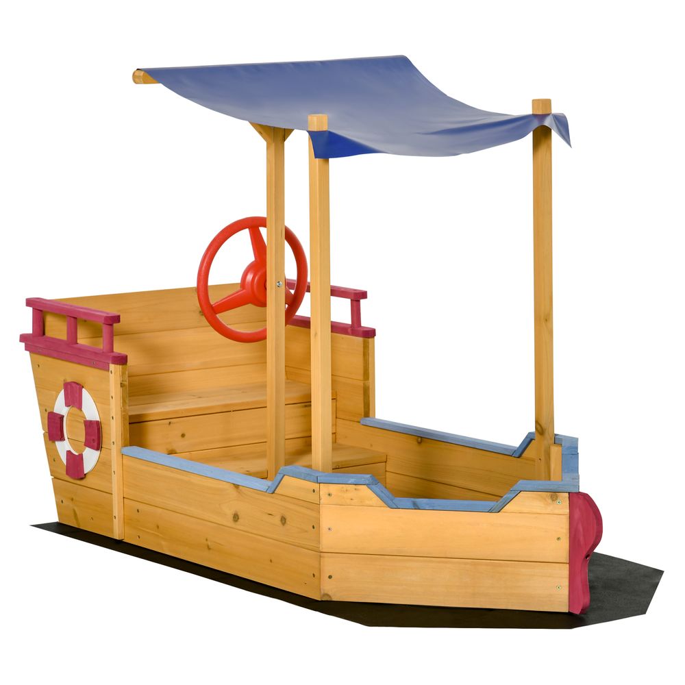 Kids Wooden Sand Pit Sandbox Pirate Sandboat Outdoor w/ Canopy Shade