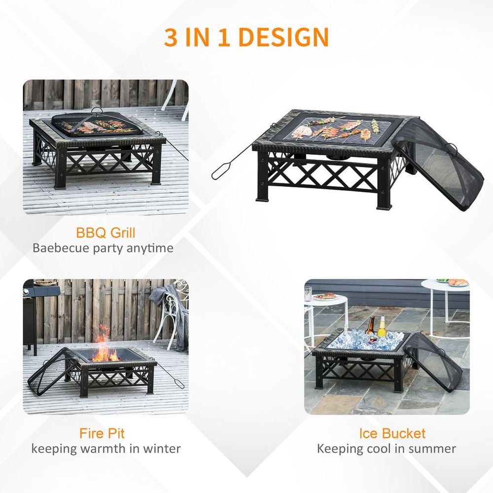 76cm Square Garden Fire Pit Square Table w/ Poker Mesh Cover Log Grate