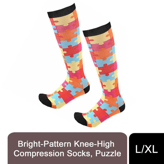 Flo Fashion Bright Pattern Knee-High With Nylon, Yarn & Spandex Compression Sock, Puzzle, L/XL