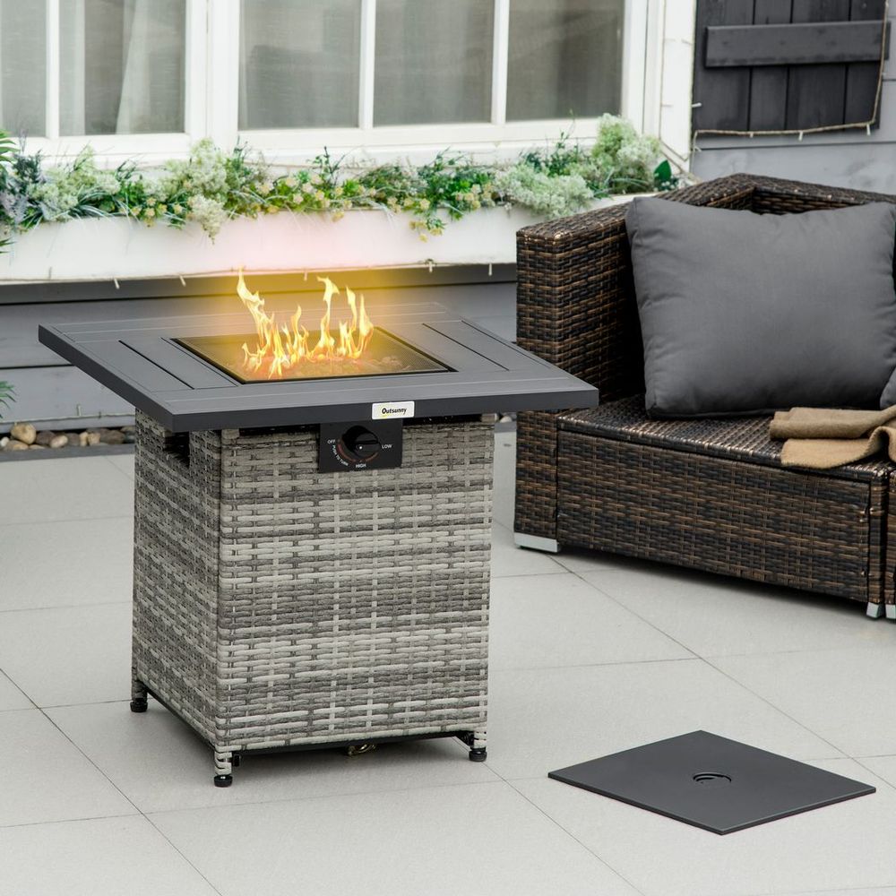 Outsunny Gas Fire Pit Table w/ Rain Cover, Mesh Lid & Lava Stone, 40,000 BTU