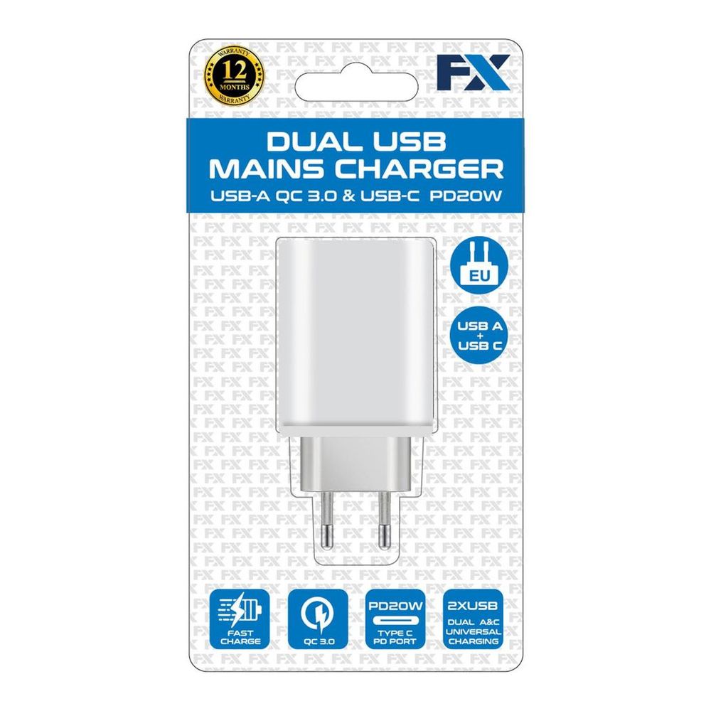 FX Dual EU Main Charger USB-C and USB-A, White