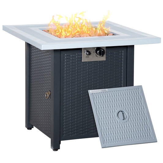 Square Propane Gas Fire Pit Table Rattan Smokeless Heater with Lava Rocks & Lid