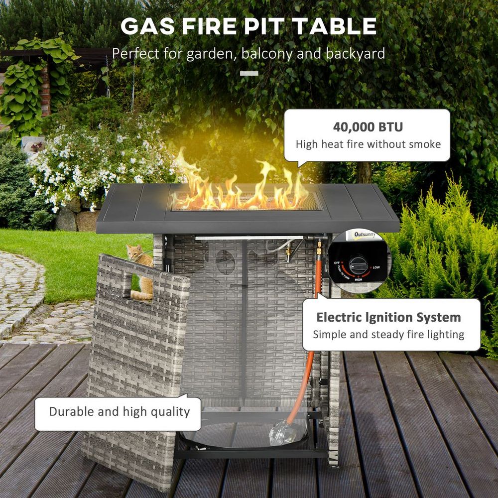 Outsunny Gas Fire Pit Table w/ Rain Cover, Mesh Lid & Lava Stone, 40,000 BTU