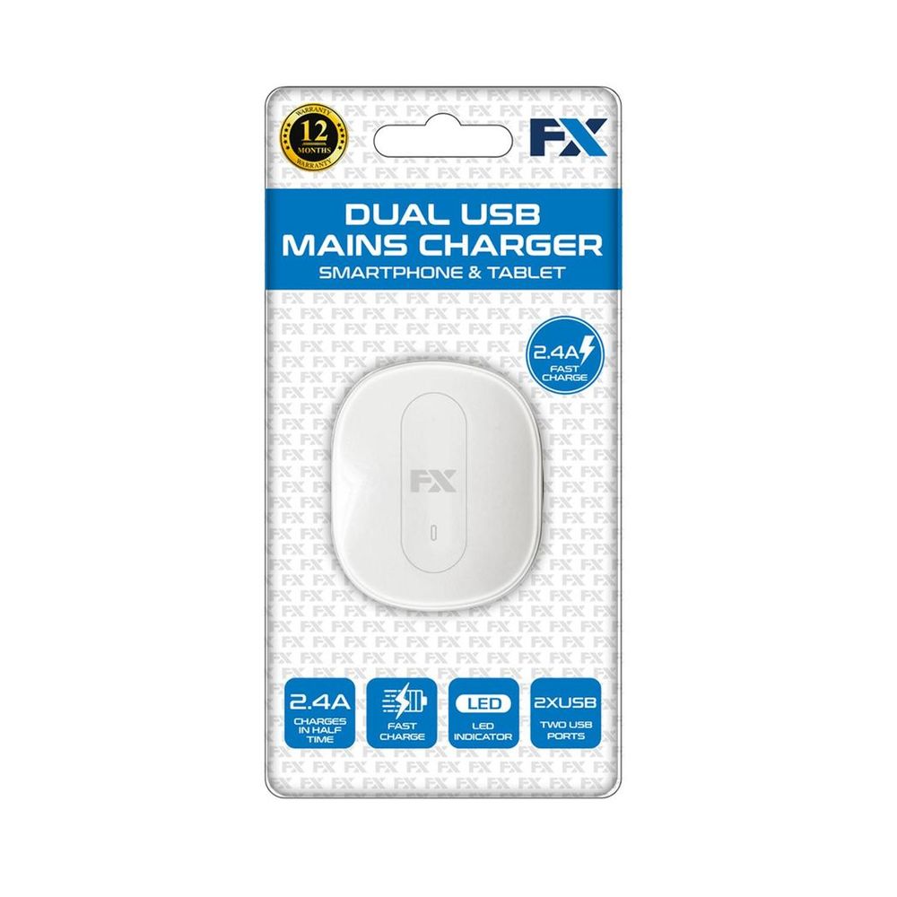 FX Mains Charger Dual USB 2.4 AMP Plug (UK) For Smart Phones & Tablets, White