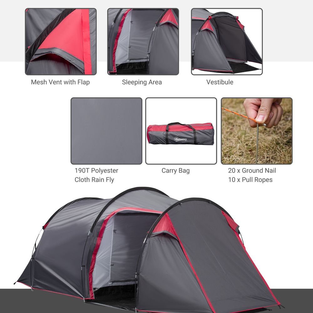 3 Man Camping Tent w/ 2 Rooms Porch Vents Rainfly Weather-Resistant Outsunny