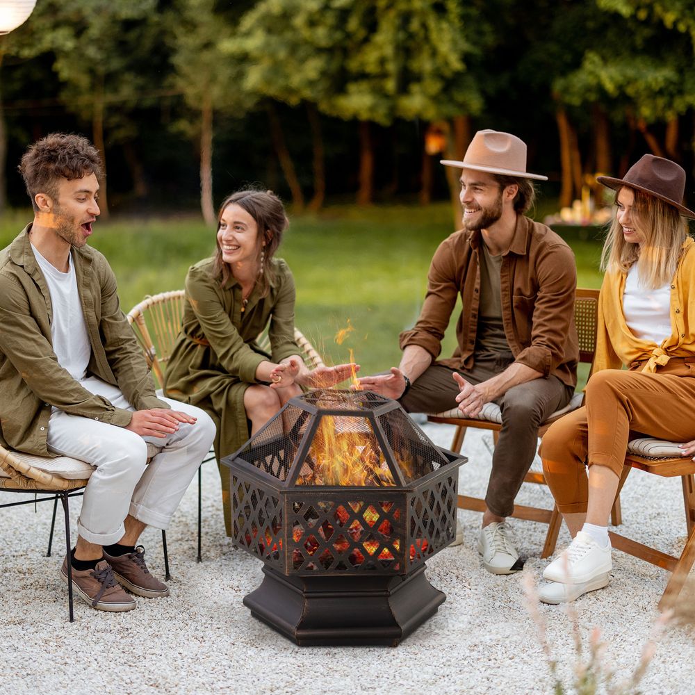 Outdoor Fire Pit with Screen Cover, Portable Wood Burning Firebowl