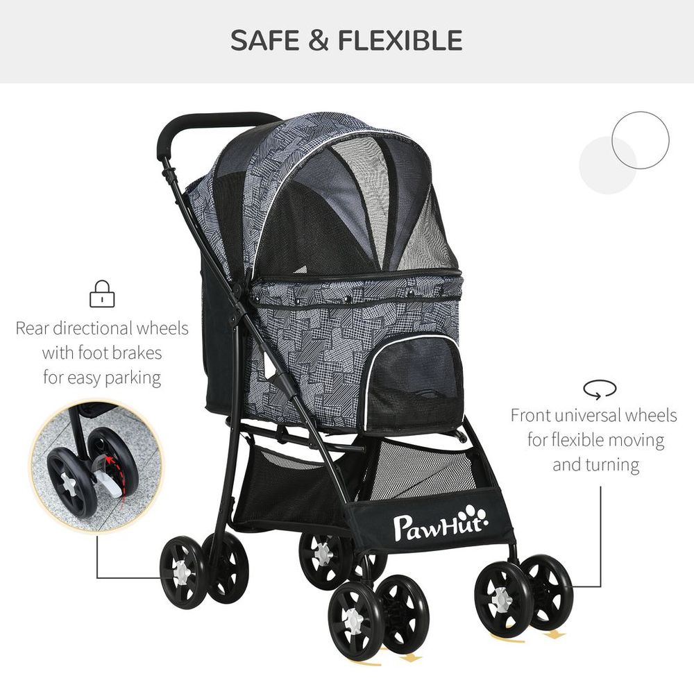PawHut Foldable Dog Stroller w/ Large Carriage, Universal Wheels, Brakes - Grey