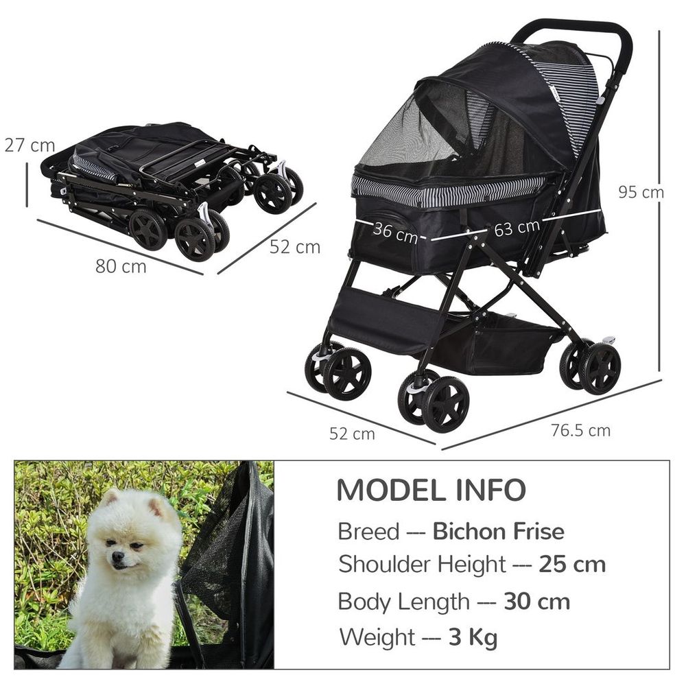 Pet Stroller Dog Foldable Travel Carriage with Reversible Handle, Black