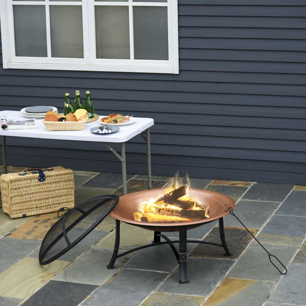 Outdoor Patio Steel Fire Pit Bowl for Backyard w/Spark Screen Cover