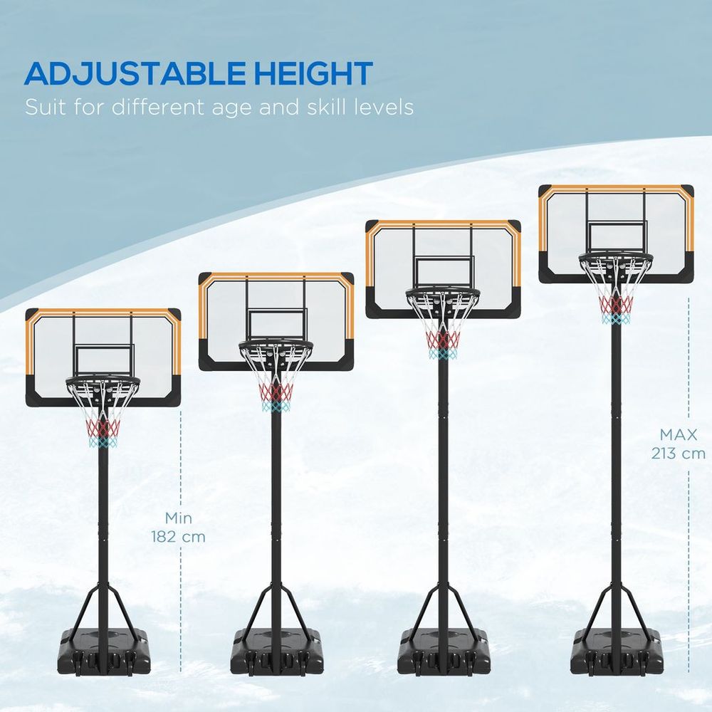SPORTNOW Basketball Backboard Hoop Net Set System with Wheels, 182-213cm, Black