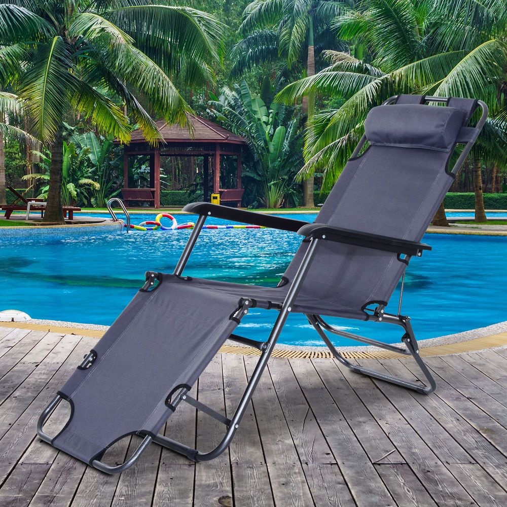 2 in 1 Sun Lounger Folding Reclining Chair Camping Adjustable Back & Pillow