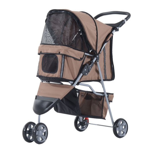 Pet Stroller Pushchair Carrier for Cat Puppy with 3 Wheels Brown Pawhut