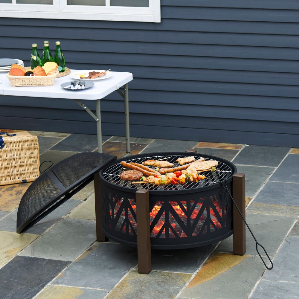 2-in-1 Outdoor Fire Pit Bowl with BBQ Grill Grate 30" Spark Screen Cover