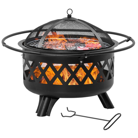 2-in-1 Outdoor Fire Pit BBQ Grill, Patio Heater Log Wood Charcoal Burner,