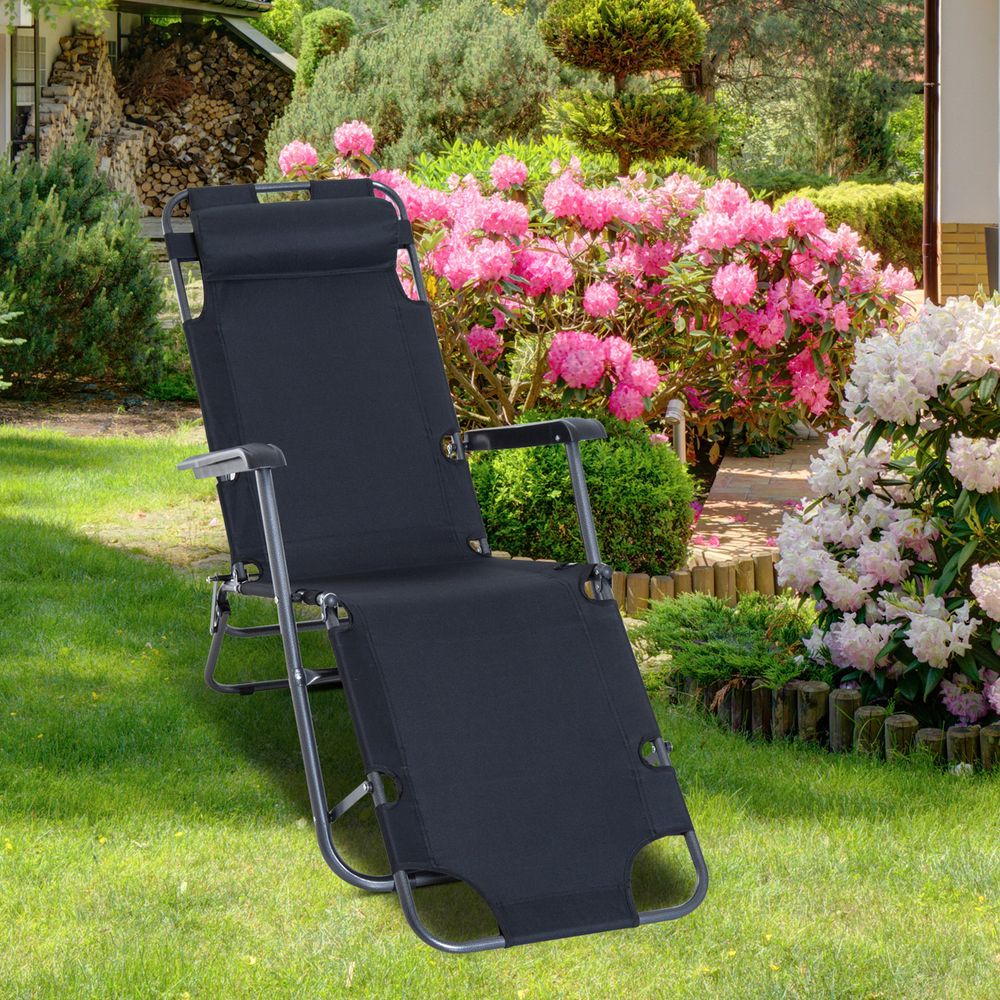 2 in 1 Sun Lounger Folding Reclining Chair Camping Adjustable Back & Pillow