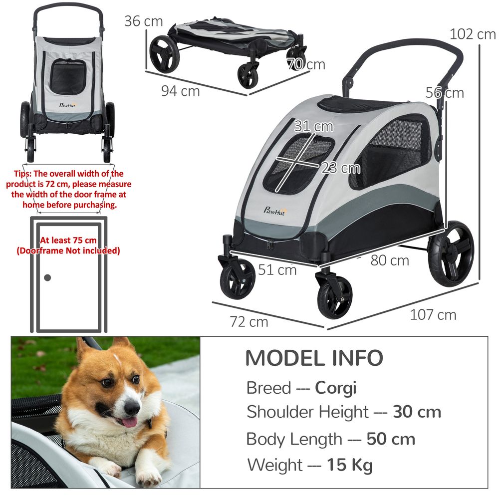 Pet Stroller Cat Pushchair Buggy Pram for M Dogs W/ 4 Wheels Safety Leash Grey