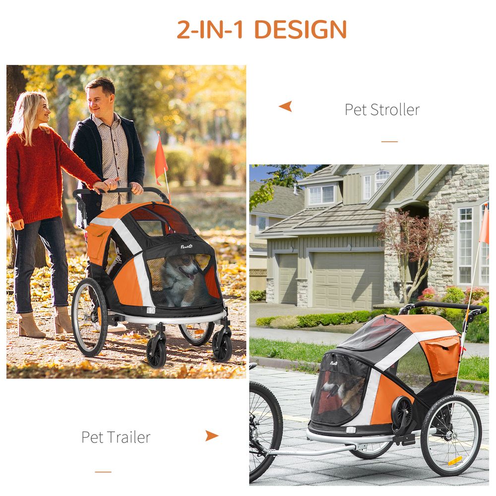 Dog Bicycle Trailer, 2-in-1 Foldable Pet Bike Stroller w/ Safety Leash Orange