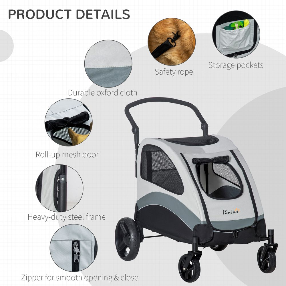 Pet Stroller Cat Pushchair Buggy Pram for M Dogs W/ 4 Wheels Safety Leash Grey