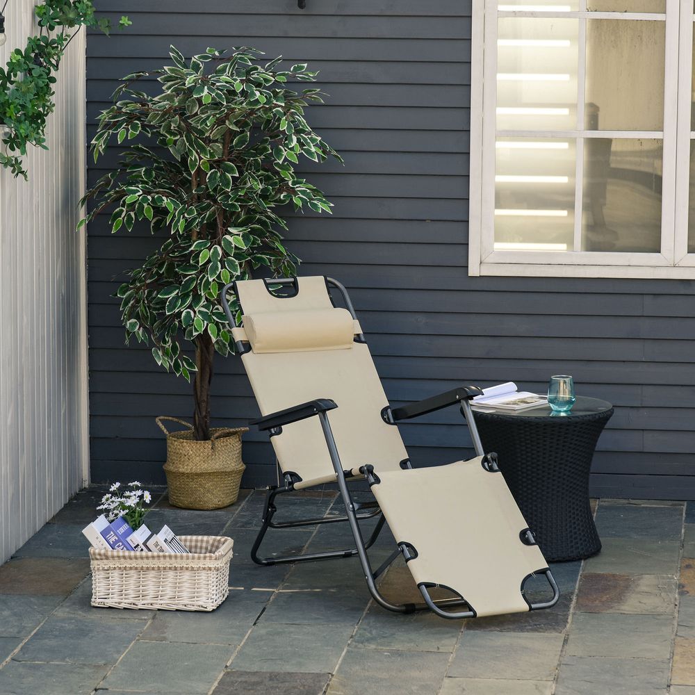 2 in 1 Sun Lounger Folding Reclining Chair Camping Adjustable Back & Pillow
