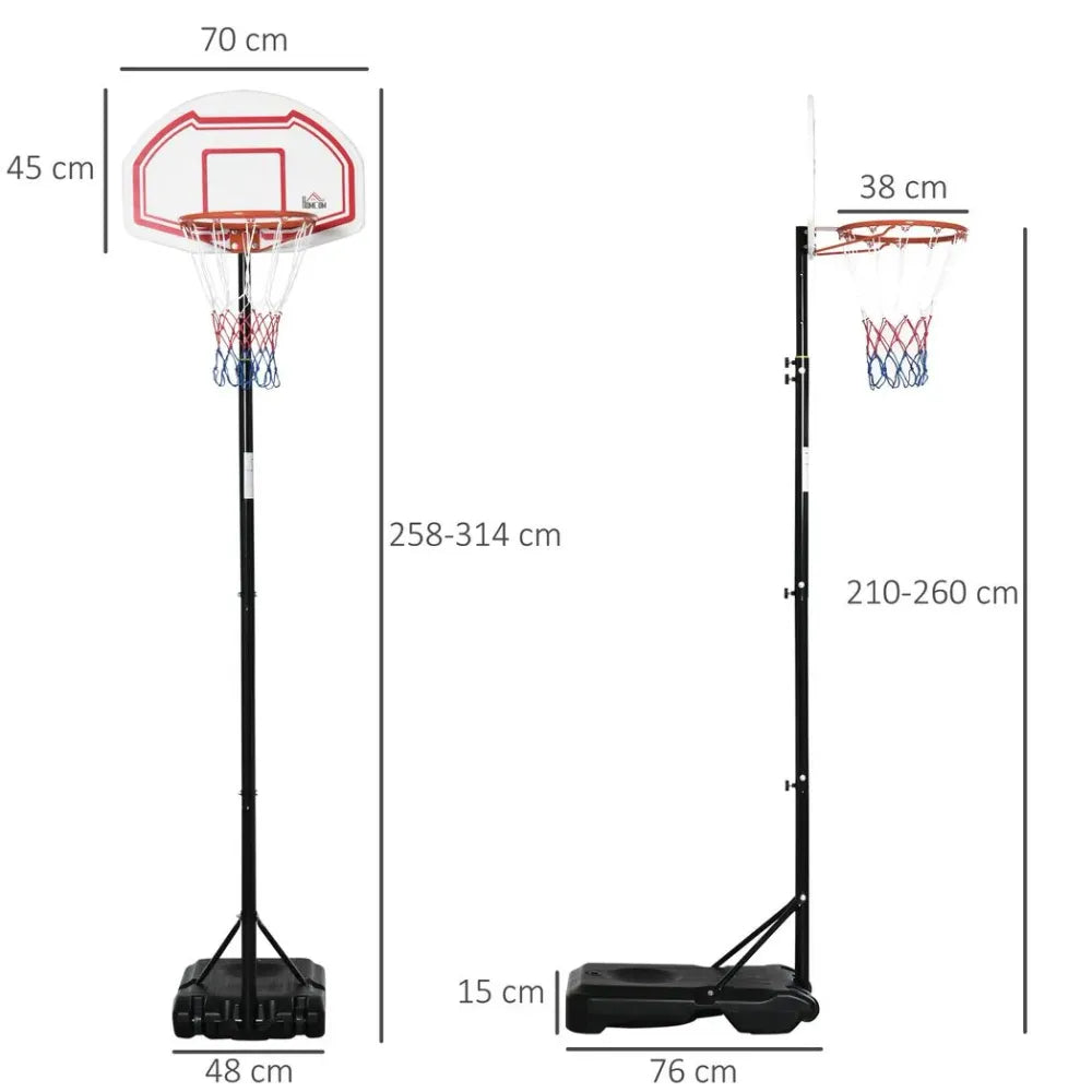 Outdoor Adjustable Basketball Hoop Stand w/ Wheels, Stable Base 258-314cm